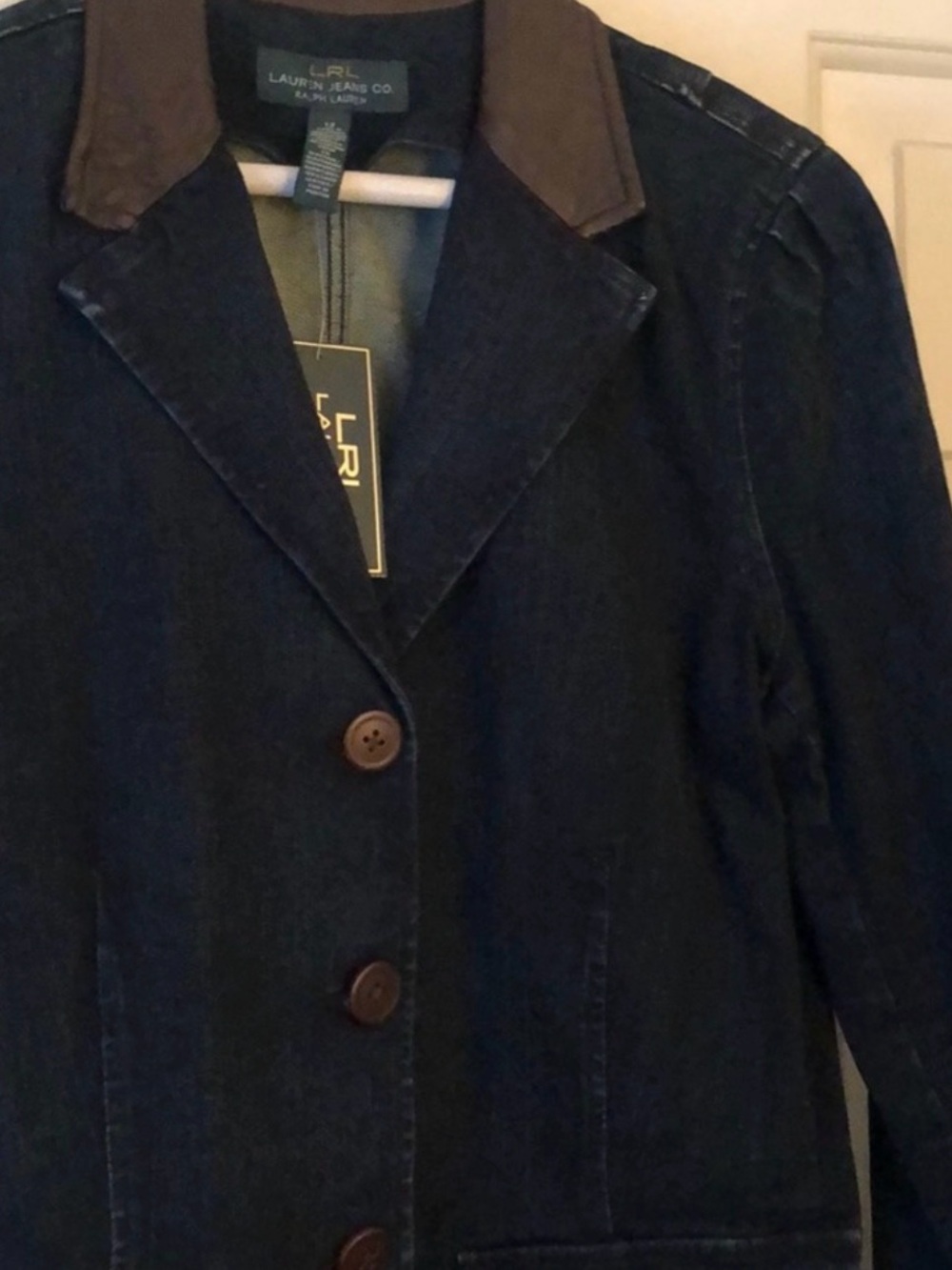 Lauren Ralph Lauren Dark Navy Cotton Blazer with Brown Contrast Collar - Picture 2 of 2